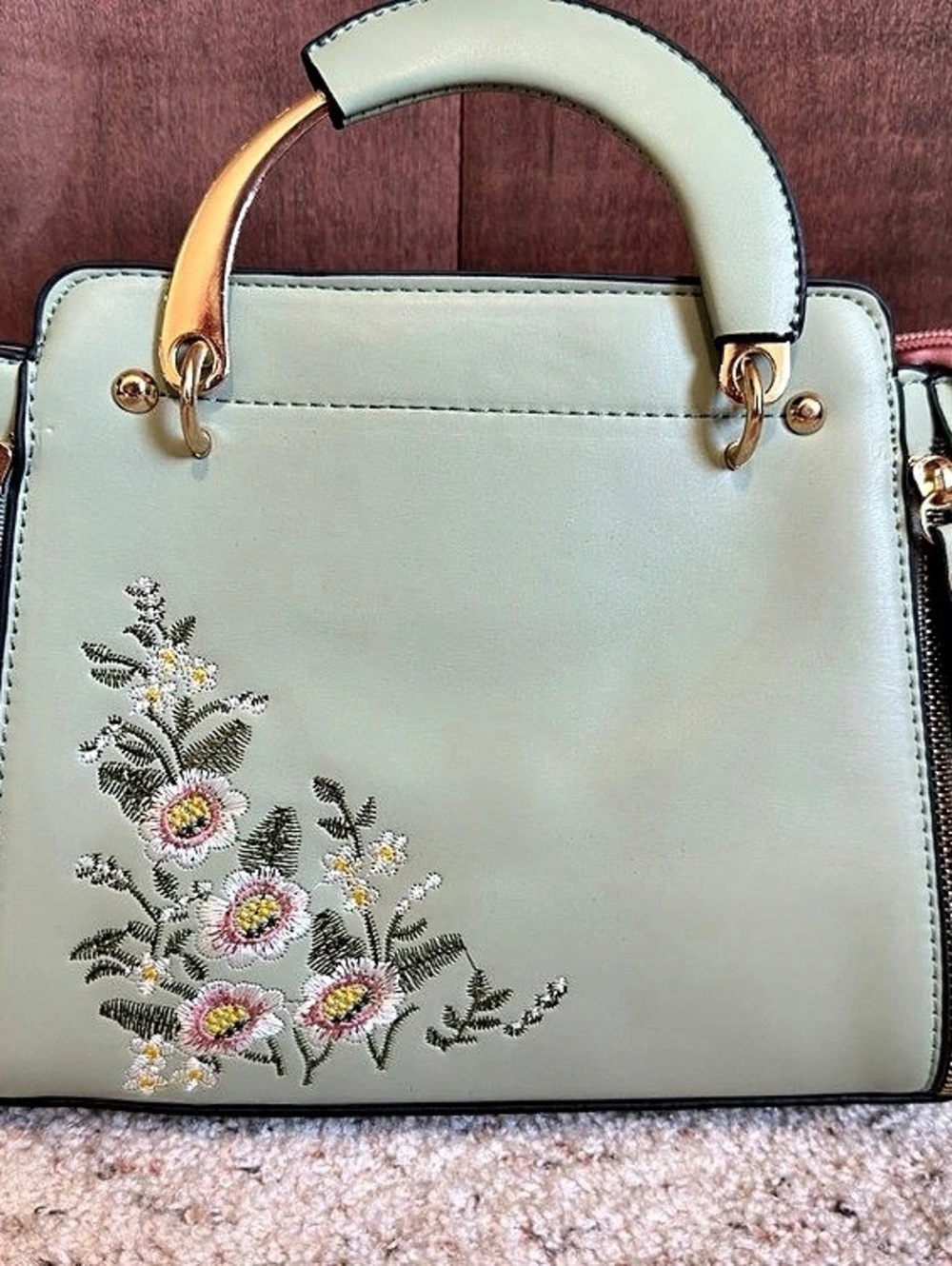 Embroidered Satchel in Green & Pink Like New